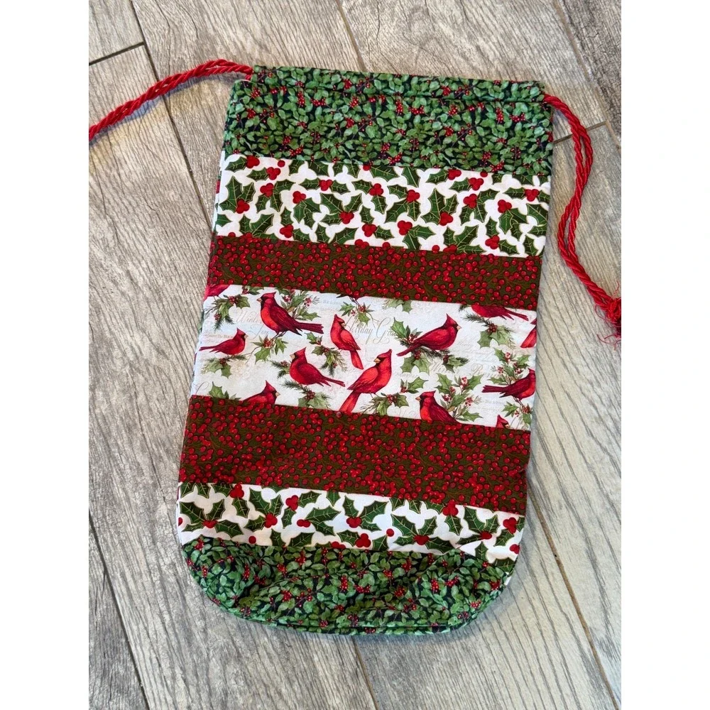 Set of 2 Handmade Fabric Cloth Christmas Bags Holiday Drawstring Totes Sack Gift